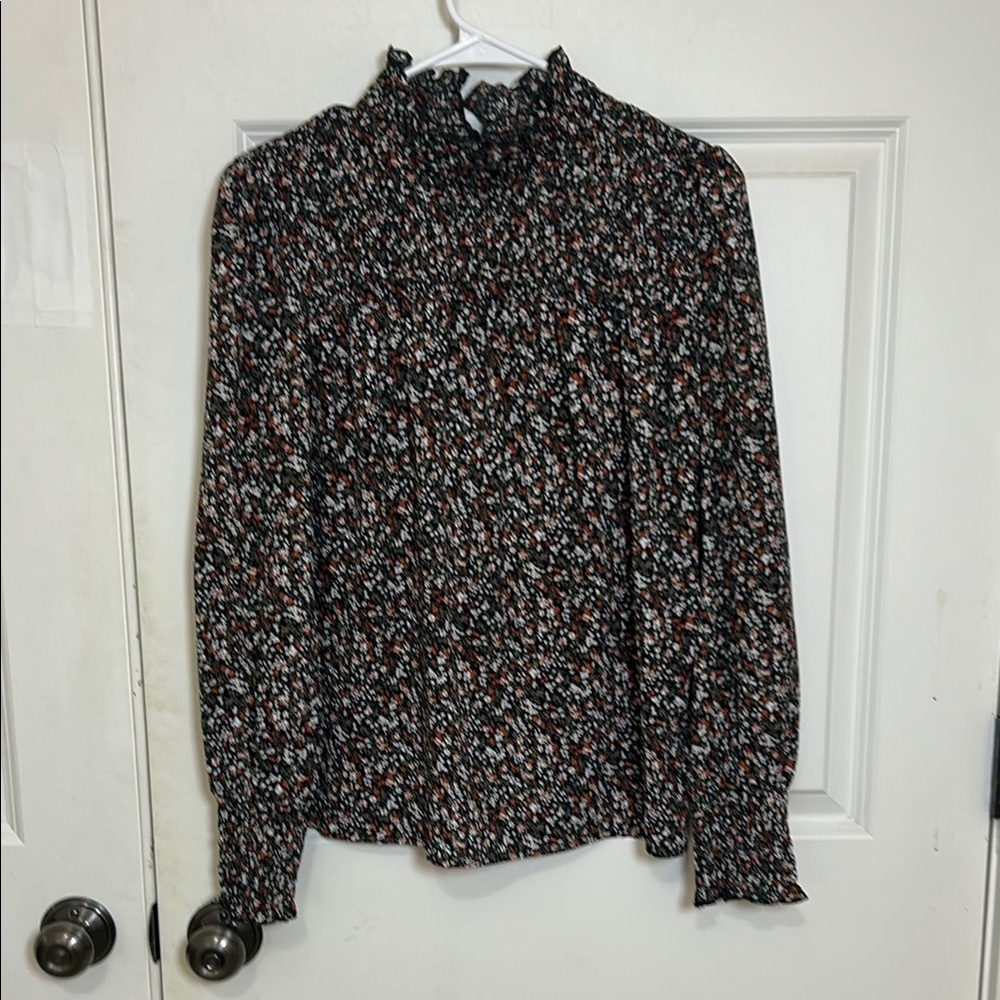 SHEIN Ruffled Floral Puff Sleeve Blouse size small black business casual - Picture 2 of 7